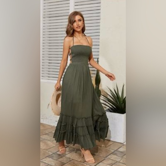 Dresses & Skirts - Olive Green Maxi Halter Dress
